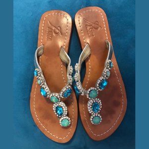 Pasha Jeweled Thong Sandals with Beautiful Aquamarine Gemstones, Size 8.5.